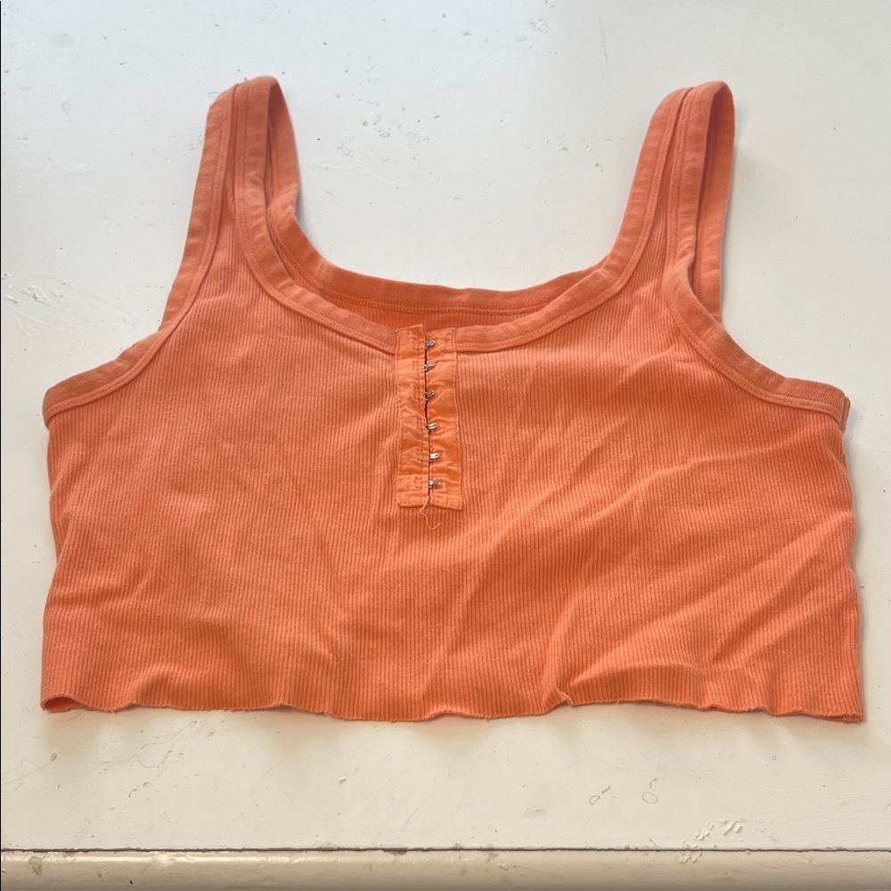 Aerie Large Orange Sleeveless Cropped Half Button Up Basic Tank Top